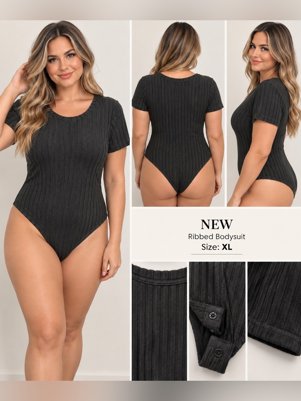 Ribbed Short-Sleeve Bodysuit - Black